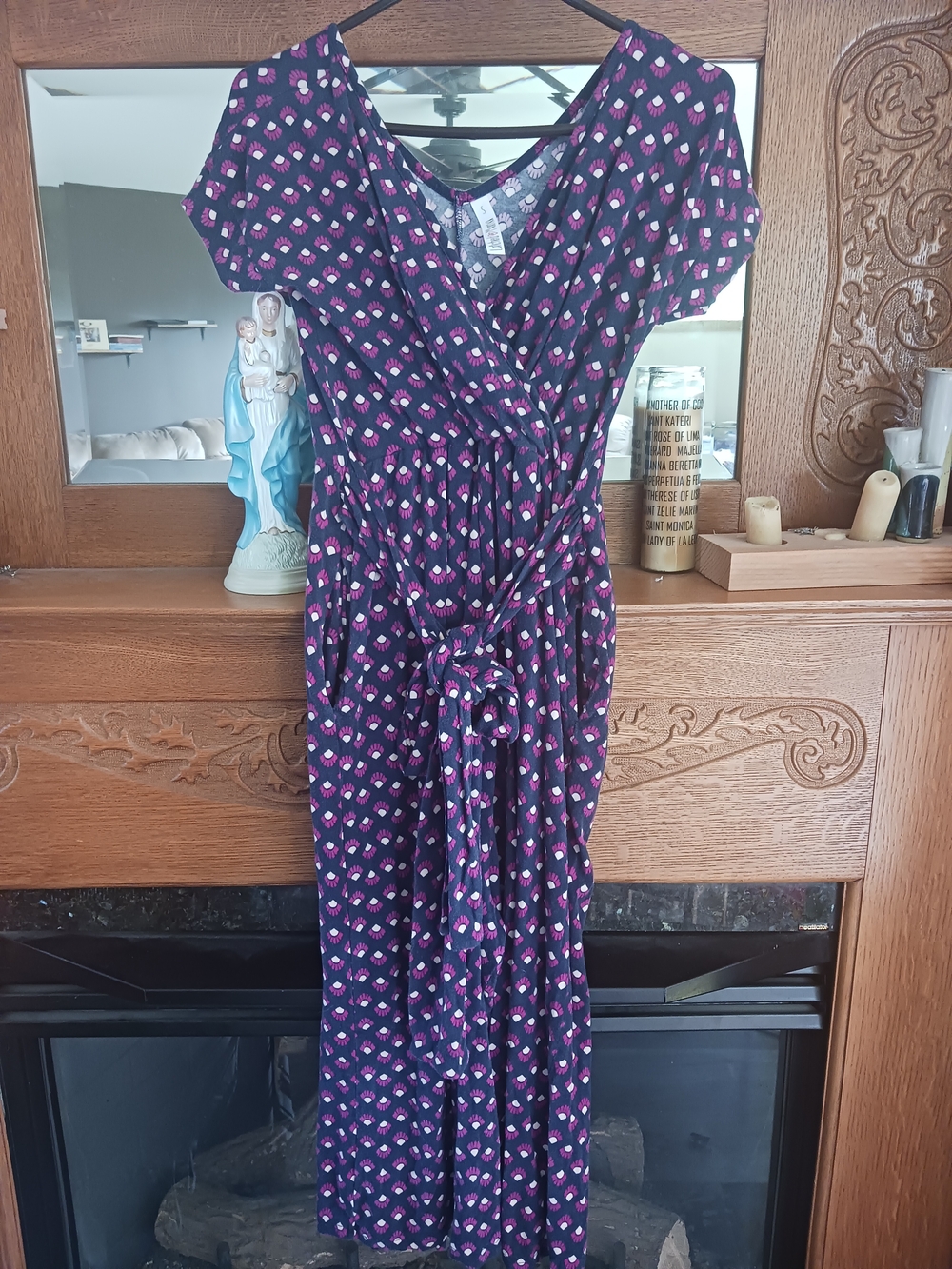 Latched Mama Navy Maxi Wrap Jumpsuit with Pink Fan Floral Motif